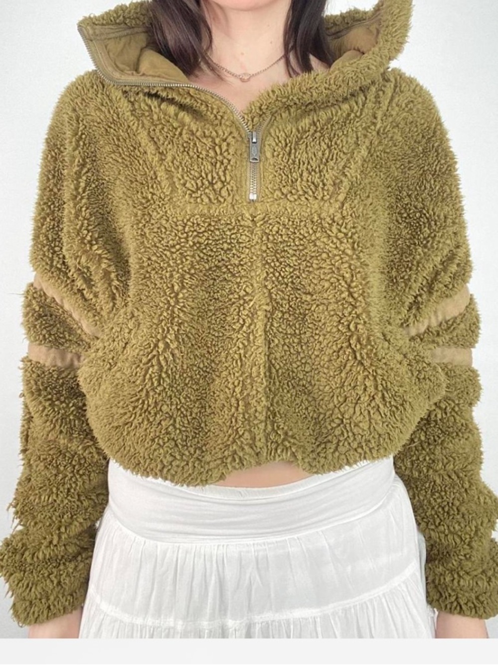 Free People Cropped Sherpa Fleece Pullover Army Green 1/4 Zip Cozy FP - Picture 6 of 8